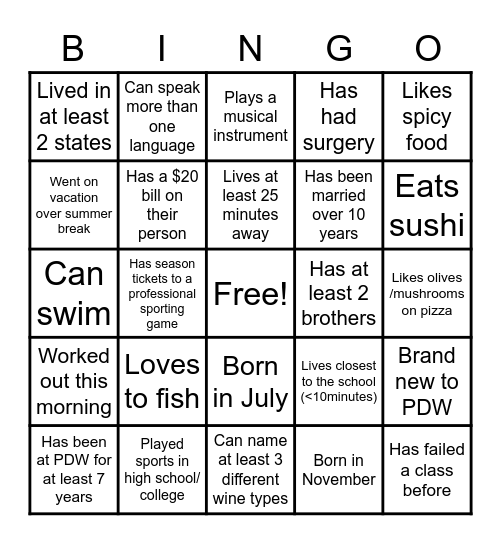 Get to Know You Back Bingo Card