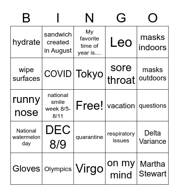 The month of August Bingo Card