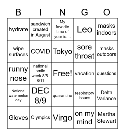 The month of August Bingo Card