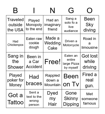 NEVER HAVE I EVER Bingo Card