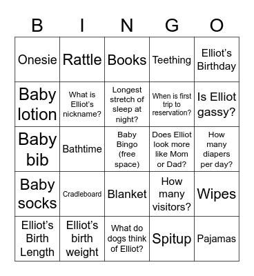Baby Elliot Bingo Card