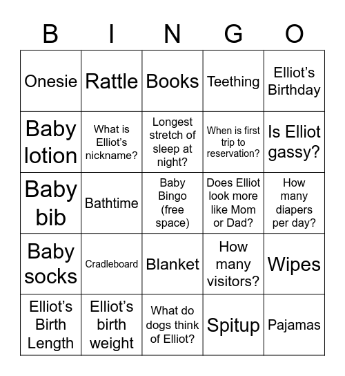 Baby Elliot Bingo Card