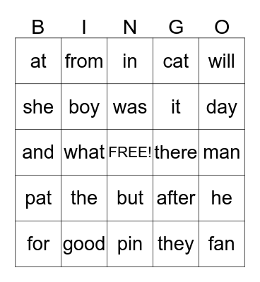 Sight Words Bingo Card