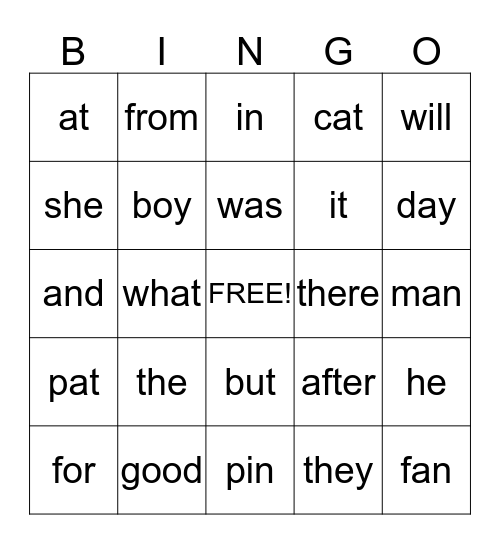 Sight Words Bingo Card