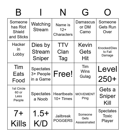 Warzone Spectating Bingo Card