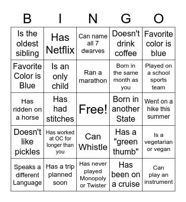 Get to Know You BINGO Card