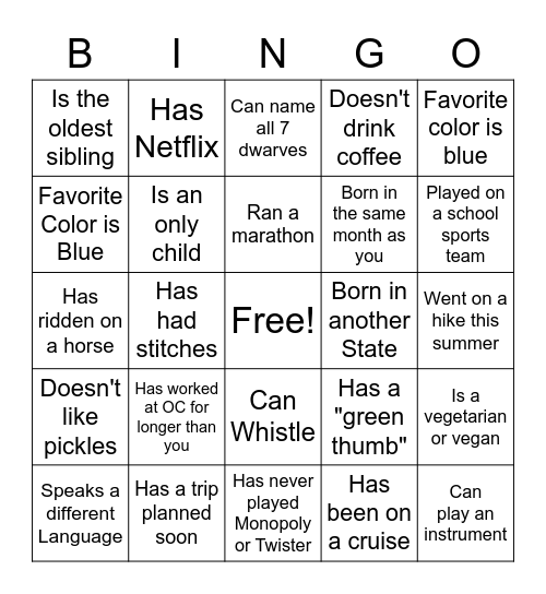 Get to Know You BINGO Card