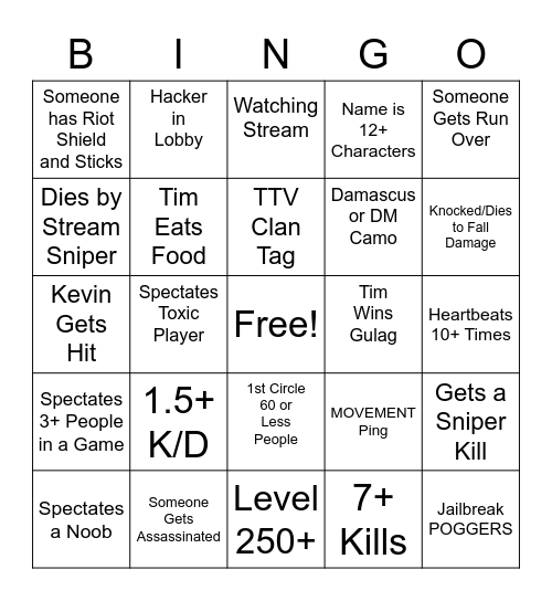 Warzone Spectating Bingo Card