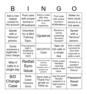 Service Bingo Card