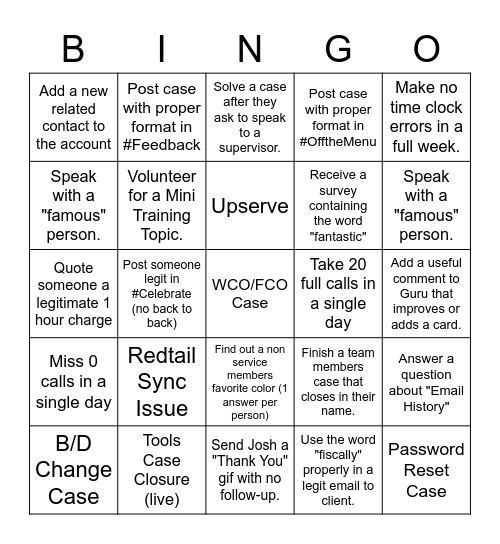 Service Bingo Card