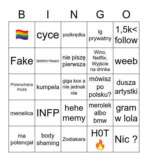 TINDER Bingo Card