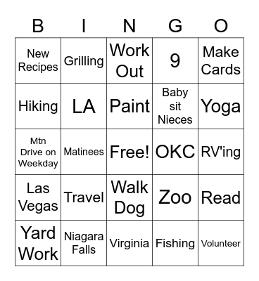 Vacation Things to Do Bingo Card