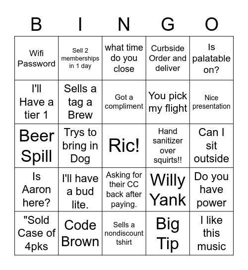 Customer Bingo Card