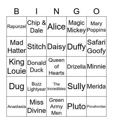 Disney Character Bingo Card