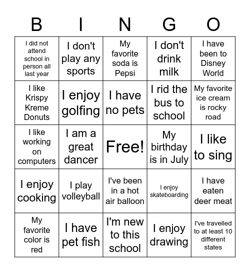 About Me Bingo Card