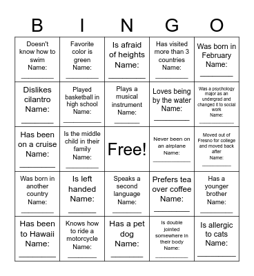 Getting To Know You Bingo Card