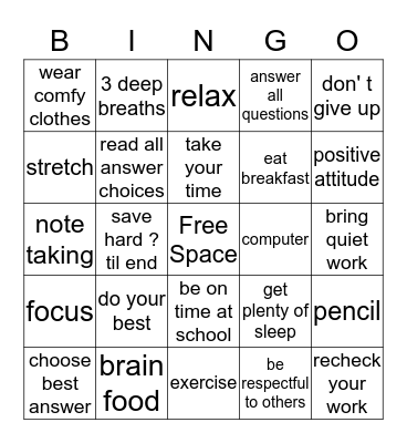 Study Skills Bingo Card