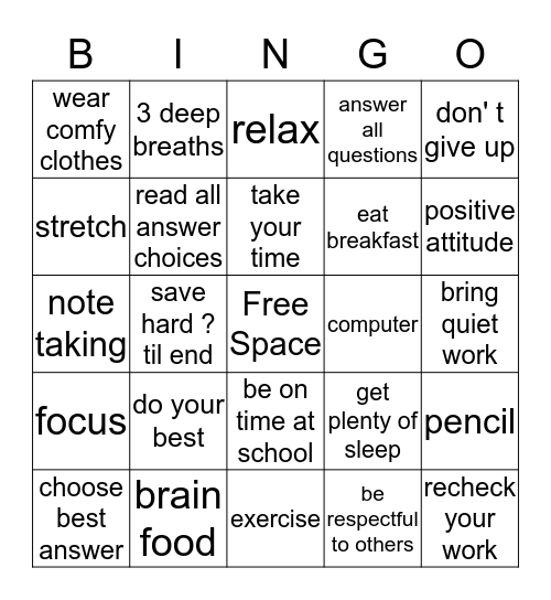 Study Skills Bingo Card