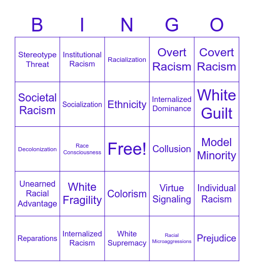 Key Terms on Racism and White Privilege Bingo Card