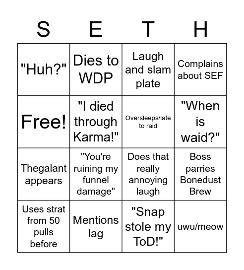 Seth Bingo Card