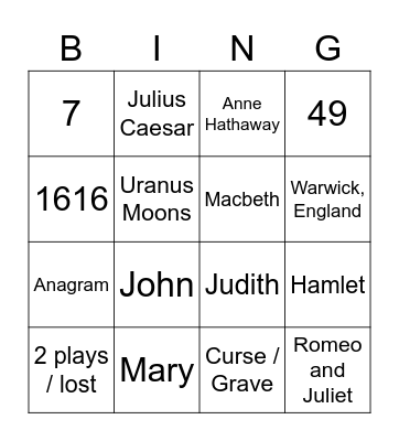 Shakespeare Bingo Card