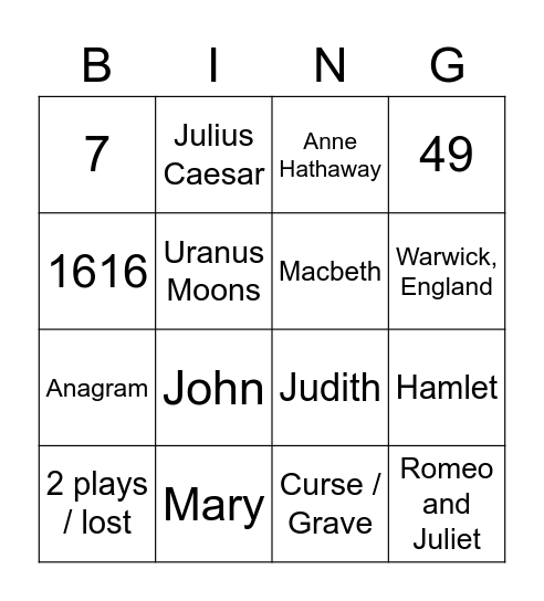 Shakespeare Bingo Card
