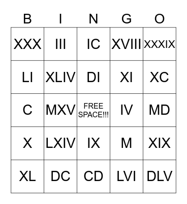 Ancient Roman Numerals Bingo Card