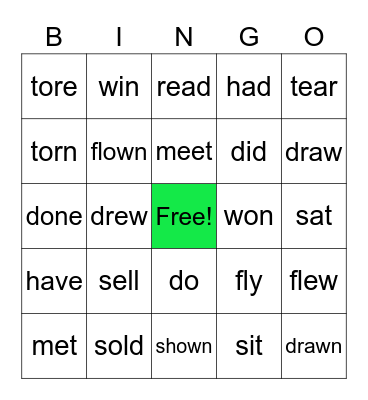 Irregular Verbs Week 5 Bingo Card