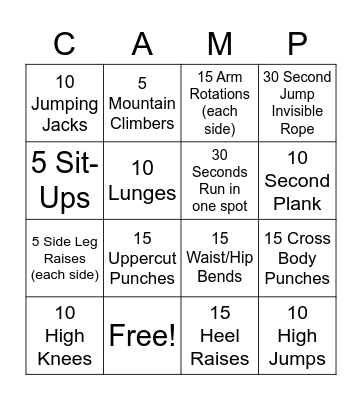 Fitness Bingo Card