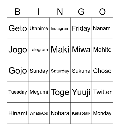 JujutsuxHigh Bingo Card