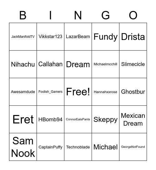 Dream SMP Characters Bingo Card