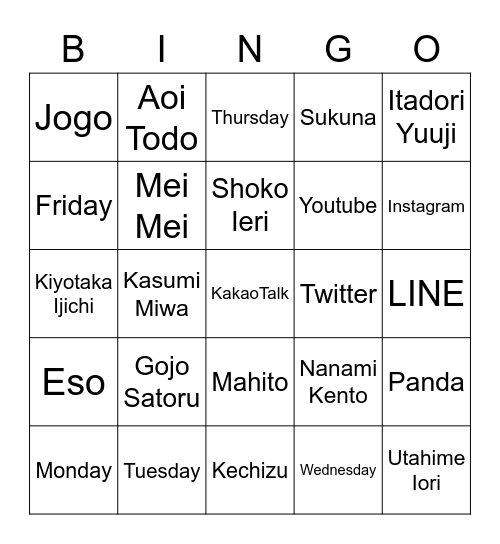 Bingo with JJK Gangs Bingo Card