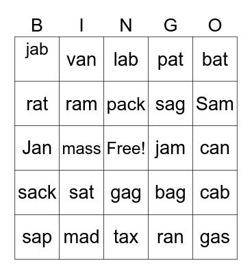 short a words Bingo Card