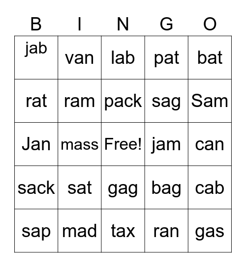 short a words Bingo Card