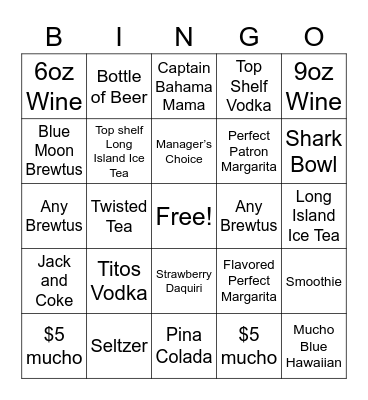 Bar Bingo Card