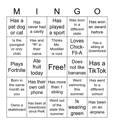 First Day of School MINGO Bingo Card