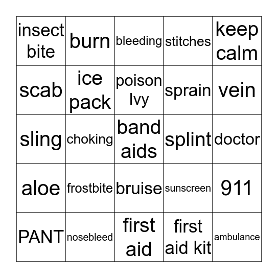 First Aid Bingo Card