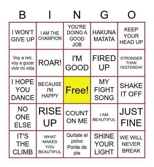 SHS Freshman Orientation Song BINGO Card