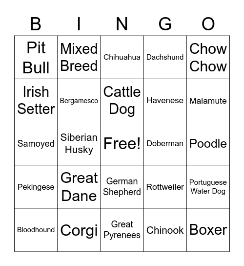 Dog Types Bingo Card
