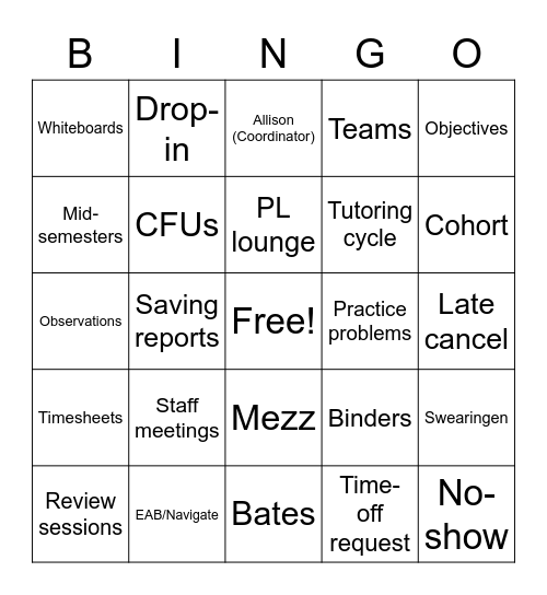 Peer Tutoring Lingo Bingo Card