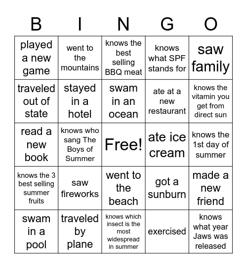 SUMMER Bingo Card