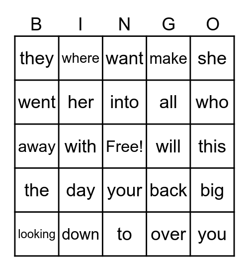 Sight Word Bingo Card