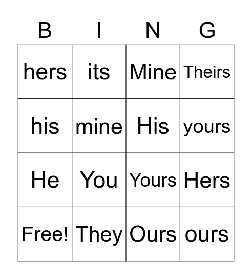 Possessive pronouns Bingo Card