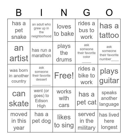 Stinson Triangle Neighborhood Bingo Card