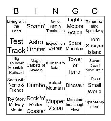 Disney Attraction Bingo Card