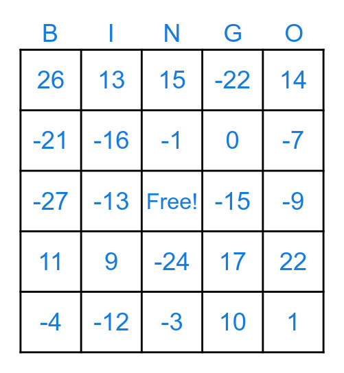 Add and Subtract Integers Bingo Card