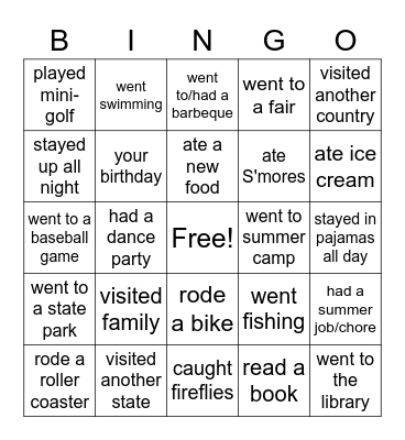 Summer Vacation Bingo! Bingo Card