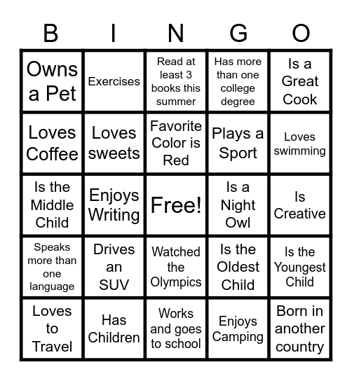 Getting To Know You Bingo Card