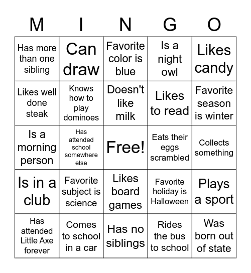 All About Me Bingo (MINGO) Bingo Card