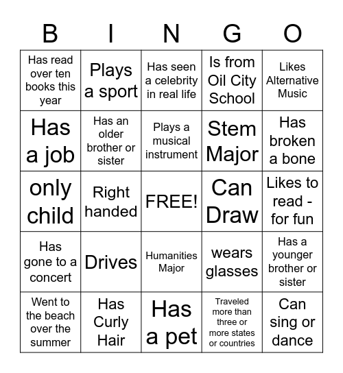 INTRODUCTORY Bingo Card